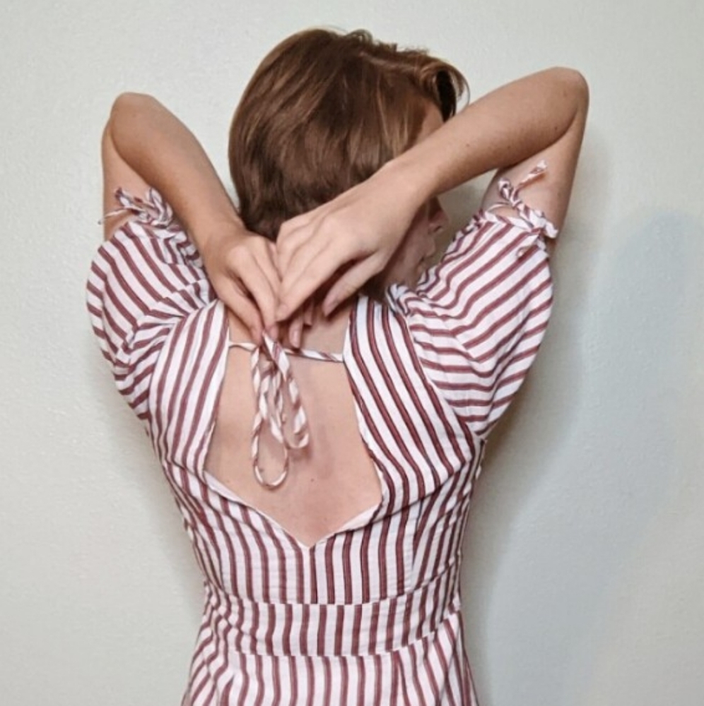 Rad and White Striped Plunging Neckline Dress